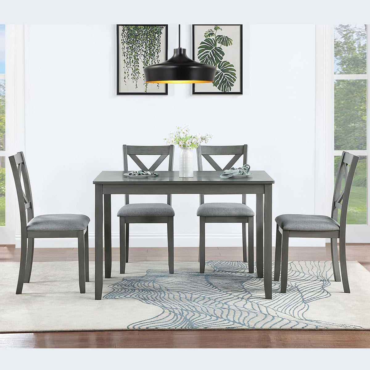 LUMISOL 5-Piece Dining Table Set for 4, Farmhouse Kitchen Table Set with 4 Upholstered Chairs, Wood Table and Chairs Set for Dining Room, Kitchen, Small Space, Grey