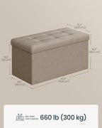 SONGMICS Home Storage Ottoman, Removable Lid, Foldable Foot Stool, PU Leather, for Entryway, Living Room, Bedroom, 15.2 x 30.2 x 15.2 Inches, Khaki