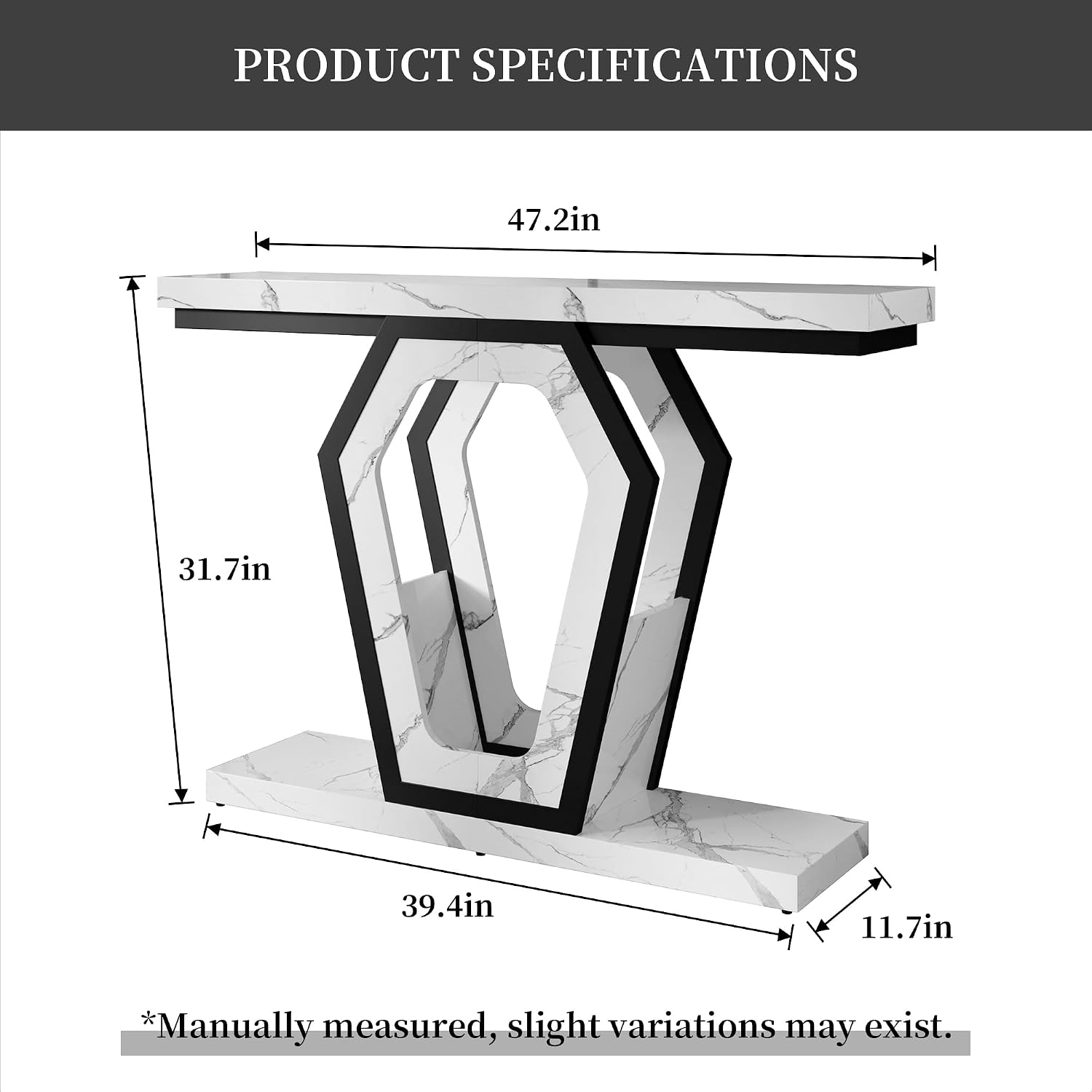 senlin Sofa Table 47.3 Inch Narrow Console Table with Openwork Frame, Industrial Entryway Table for Hallway, Rustic Wood and Metal, Adjustable Leg Pads, Easy Assembly（White Marble Texture）