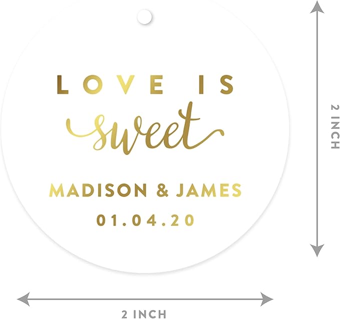 Andaz Press Personalized Round Circle Wedding Gift Tags, Metallic Gold Ink, Love is Sweet, 24-Pack, Custom Made Any Name