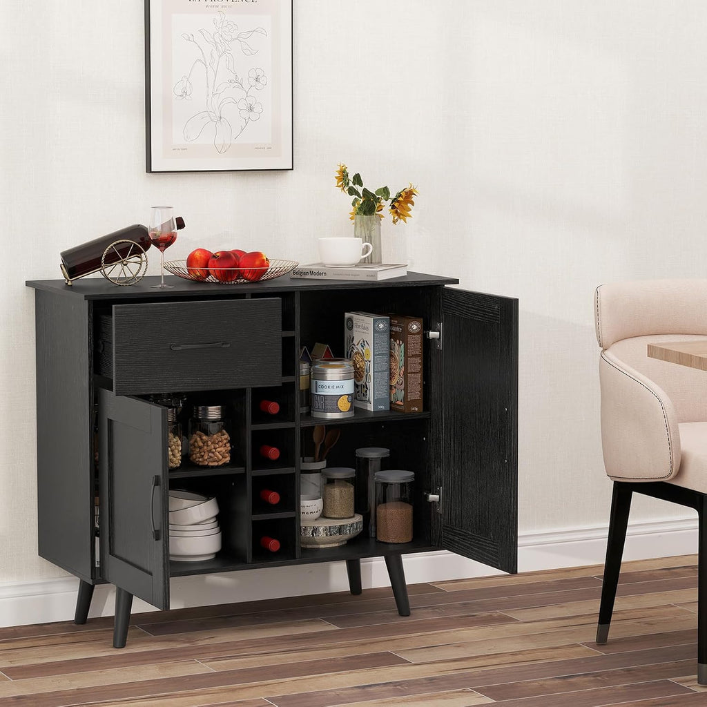 GOFLAME Wine Bar Cabinet, Buffet Sideboard with 2 Doors & 1 Drawer, 6-Bottle Wine Rack, Adjustable Shelves, Cupboard with Storage for Kitchen, Living Room, Black