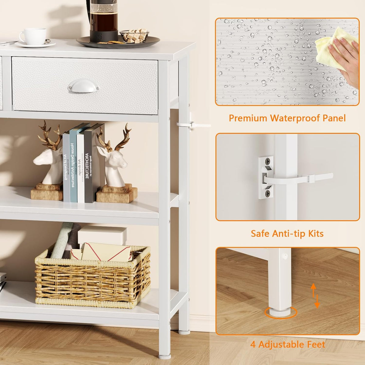 47" console table Set of 2 with 3 Drawers, Sofa Table for Behind Couch | Industrial Hallway Table with Open Wooden Shelves for Hallway, Entry Way, Living Room, Kitchen, Foyer, White