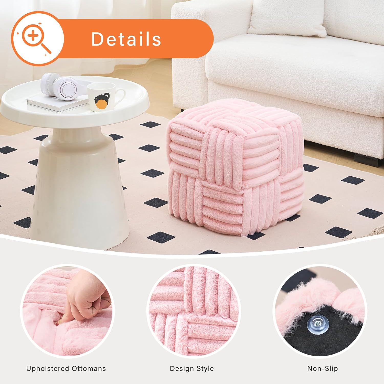 Faux Fur Ottoman Footrest 15.7" Square Vanity Stool, No Assembly Required, Soft Padded Seat for Bedroom, Living Room, Entryway (Pink-1)