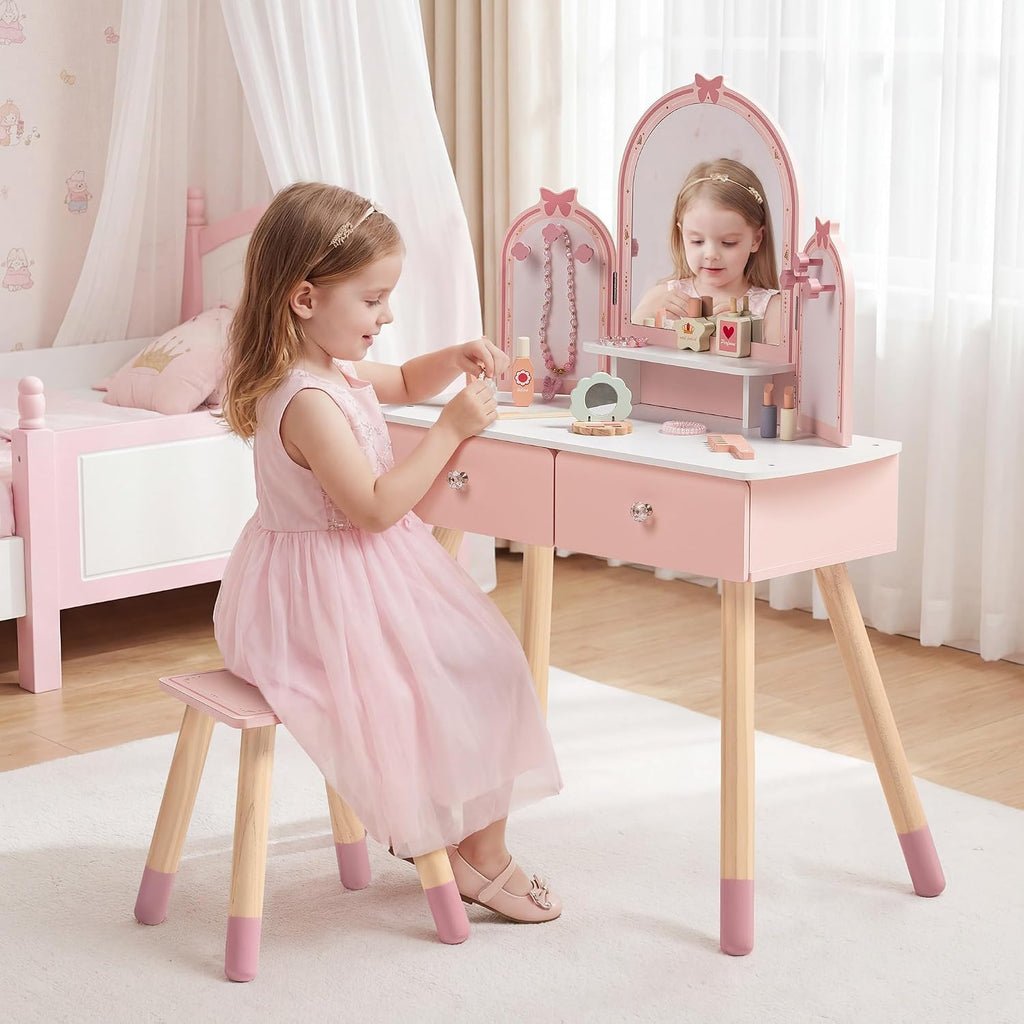 ROBOTIME Pink Kids Vanity Set with Butterfly Mirror Stool Age 3+, 39in×27in | Dress-up and makeup pretend play, butterfly mirror with stool and 2 drawers, builds confidence, birthday gift for age 3+