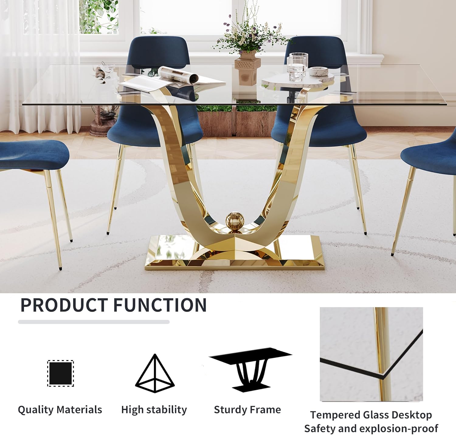 70" Modern Glass Dining Table for 6-8, Luxury Gold Glass Dining Room Table with Mirrored Floral-Shape Stainless Steel Base, Rectangle Kitchen Dinner Tables for Dining Room Kitchen