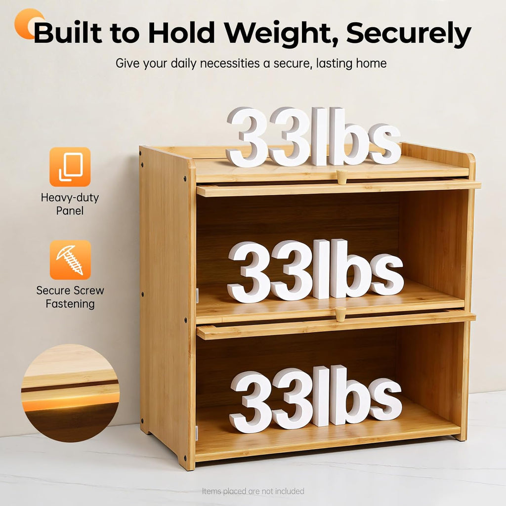 Countertop Kitchen Pantry Cabinet, 20.5x9.8x19.7in Dual-Layer Storage Cabinet for Kitchen Counter, Bamboo Storage Bin with Acrylic Door Panel, Elevated Fence, Translucent Hovering Cabinet Door (Log)