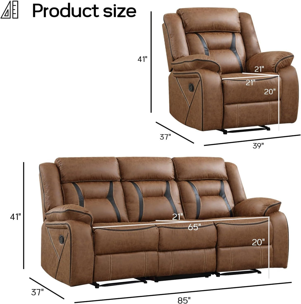EBELLO Manual Recliner Sofa Set, Faux Leather Reclining Living Room Furniture Set, Included Recliner Chair and 3 Seat Manual Recline Sofa, Brown