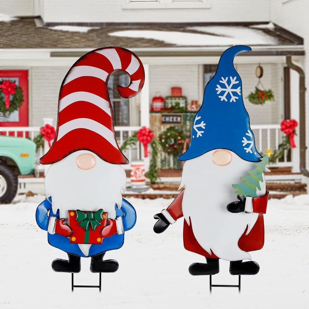 Hausse 2 Pack Garden Metal Gnome Stakes, 33 Inch Christmas Decorative Gnomes Stakes, Yard Signs for Outdoor Decorations, Holiday New Year Spring Home Tomte Decor for Lawn Pathway Patio