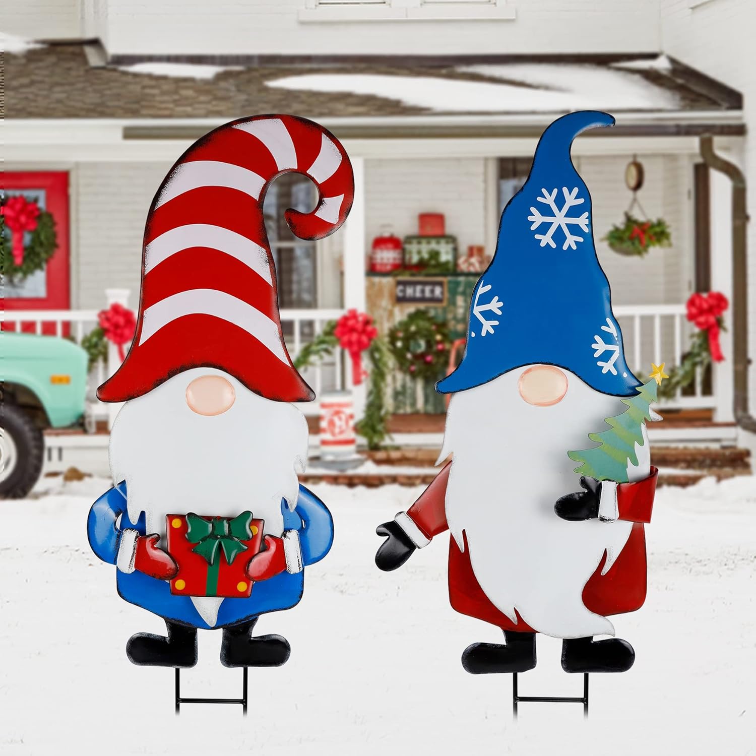 Hausse 2 Pack Garden Metal Gnome Stakes, 33 Inch Christmas Decorative Gnomes Stakes, Yard Signs for Outdoor Decorations, Holiday New Year Spring Home Tomte Decor for Lawn Pathway Patio