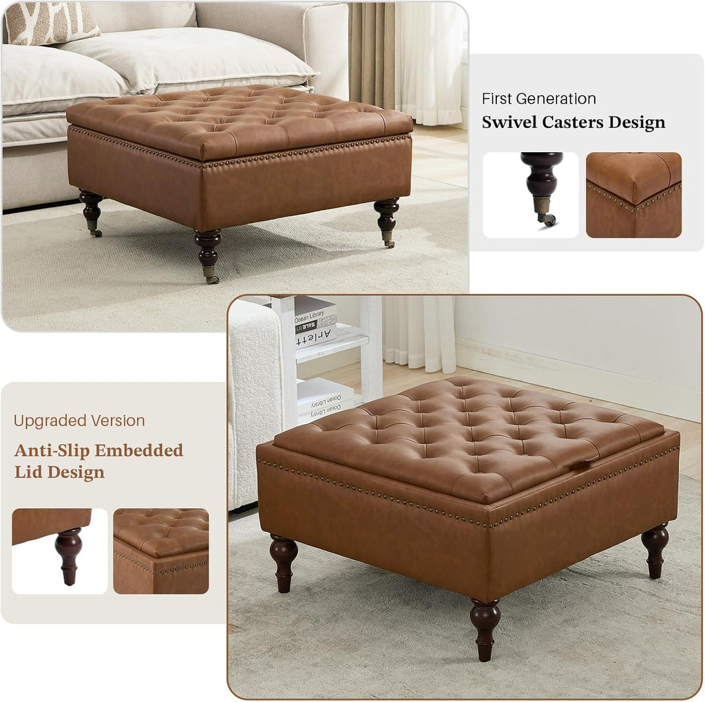 Storage Ottoman Coffee Table, Large Ottoman with Storage Oversized Square Footstool with Anti-Slip Embedded Lid, Tufted Upholstered Ottomans for Living Room, Brown Faux Leather