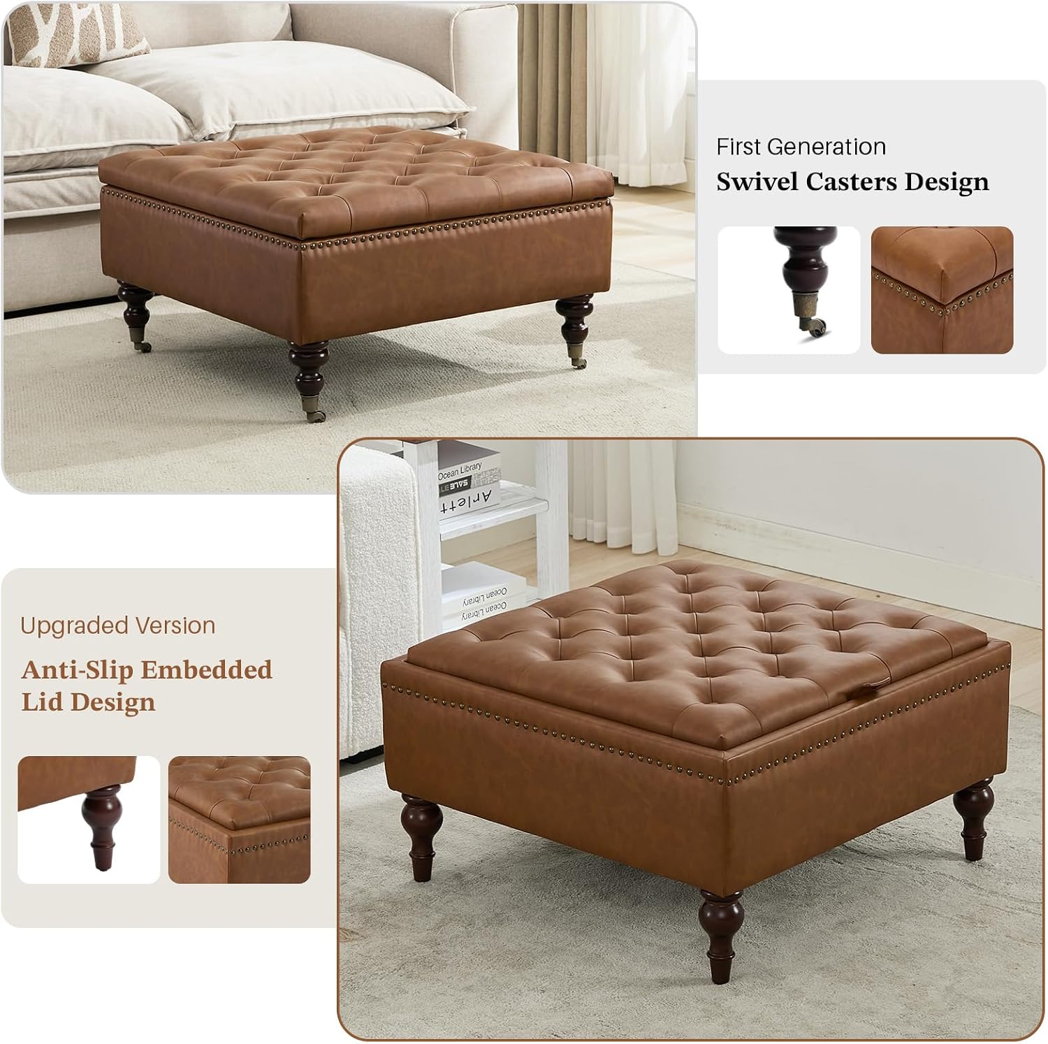 Storage Ottoman Coffee Table, Large Ottoman with Storage Oversized Square Footstool with Anti-Slip Embedded Lid, Tufted Upholstered Ottomans for Living Room, Brown Faux Leather