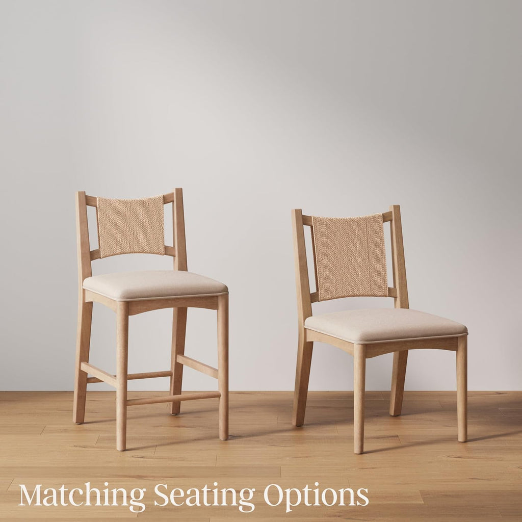 Nathan James Elodia Upholstered Dining Chair with Seagrass Back Solid Wood Modern Dining Room Chair with Natural Flax Upholstery, Light Brown