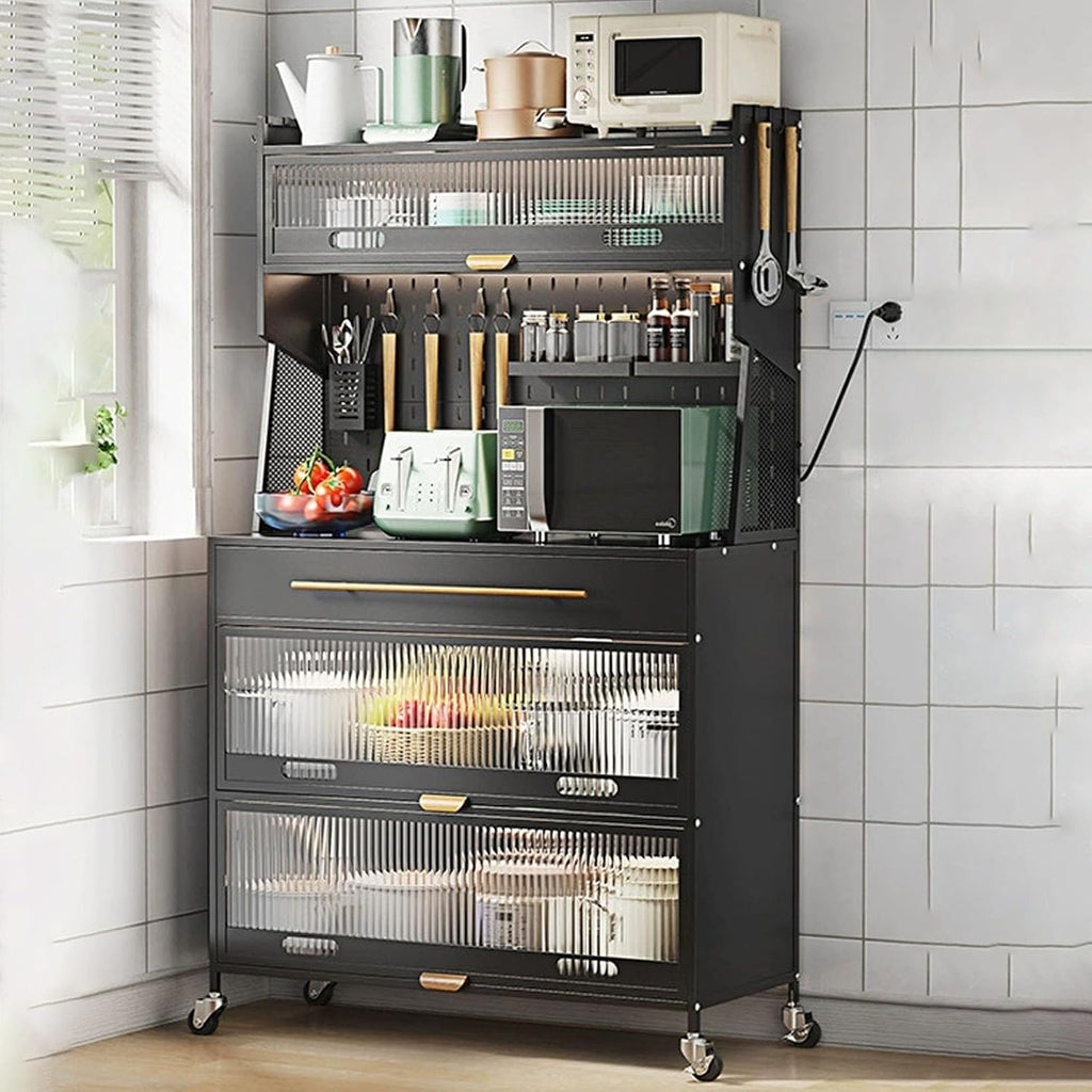 JKGHK 5-Tier Bakers Racks with Storage for Kitchens, Microwave Stand on Wheels with Flip Door Cabinets and Pegboard, Tall Kitchen Pantry Cabinet with Drawer for Home(Black,80cm/31.4in)