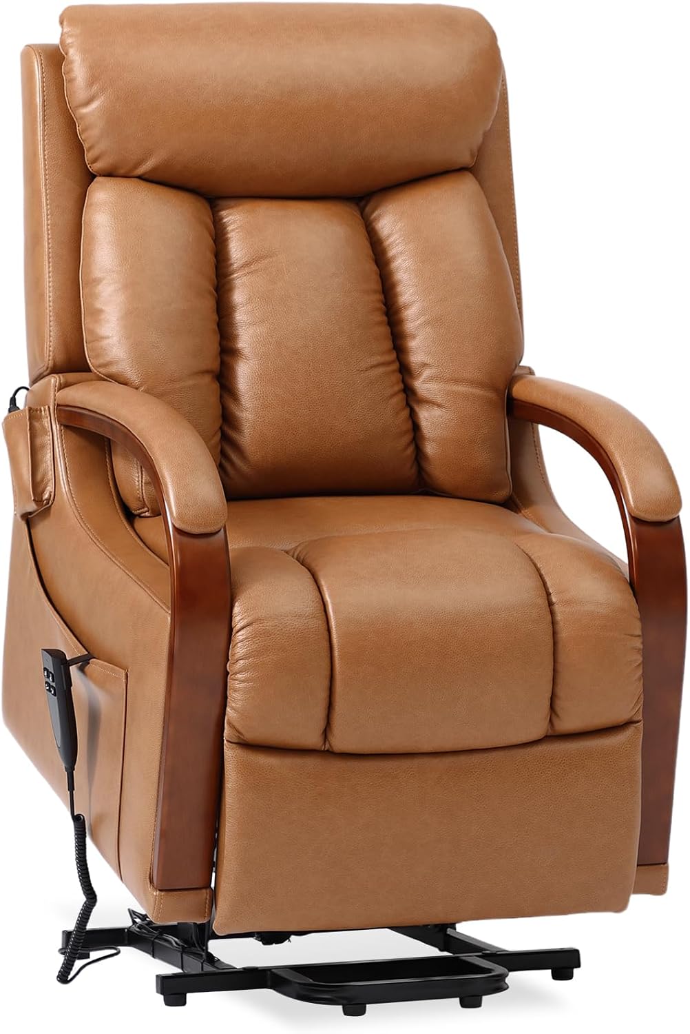 DYNOX Small Lift Chair Recliner with Heat and Massage, Dual Motor Power Lift Sofa for Elderly,Infinite Adjust for Back and Footrest,Side Pocket(9185,Genuine Leather,Camel