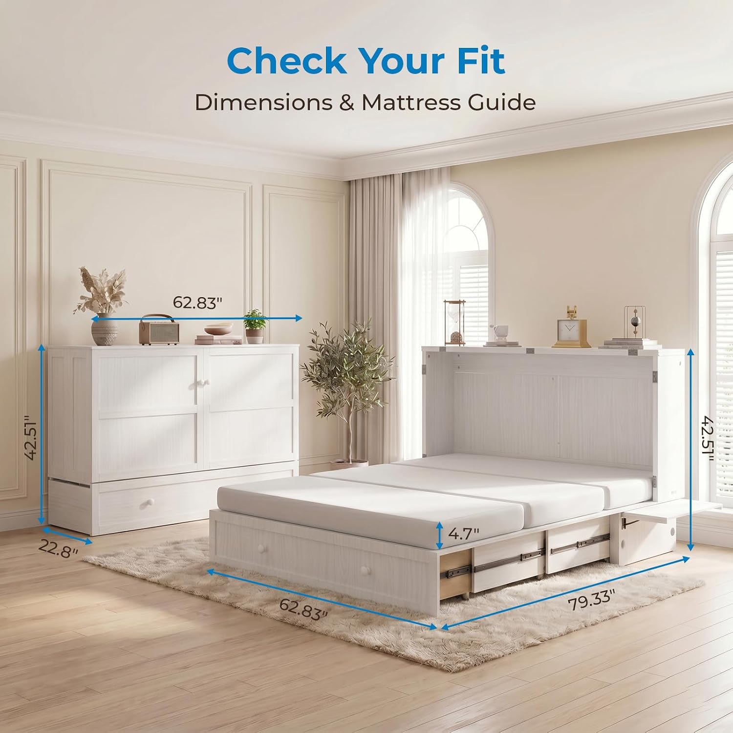 Mjkone Murphy Bed Cabinet Queen with Tri-Fold Mattress Included & USB Charging Station, Modern Versatile Solid Wood Chest Cabinet Wall Bed with Drawers, Adult Guest Beds for Apartment Bedroom - White