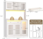 Korfile 71" Pantry Cabinet, Tall Kitchen Pantry Cabinet with Charging Station & LED Light, Kitchen Hutch with Wine Rack, Pantry Storage Cabinets with Microwave Stand for Dining Room, White