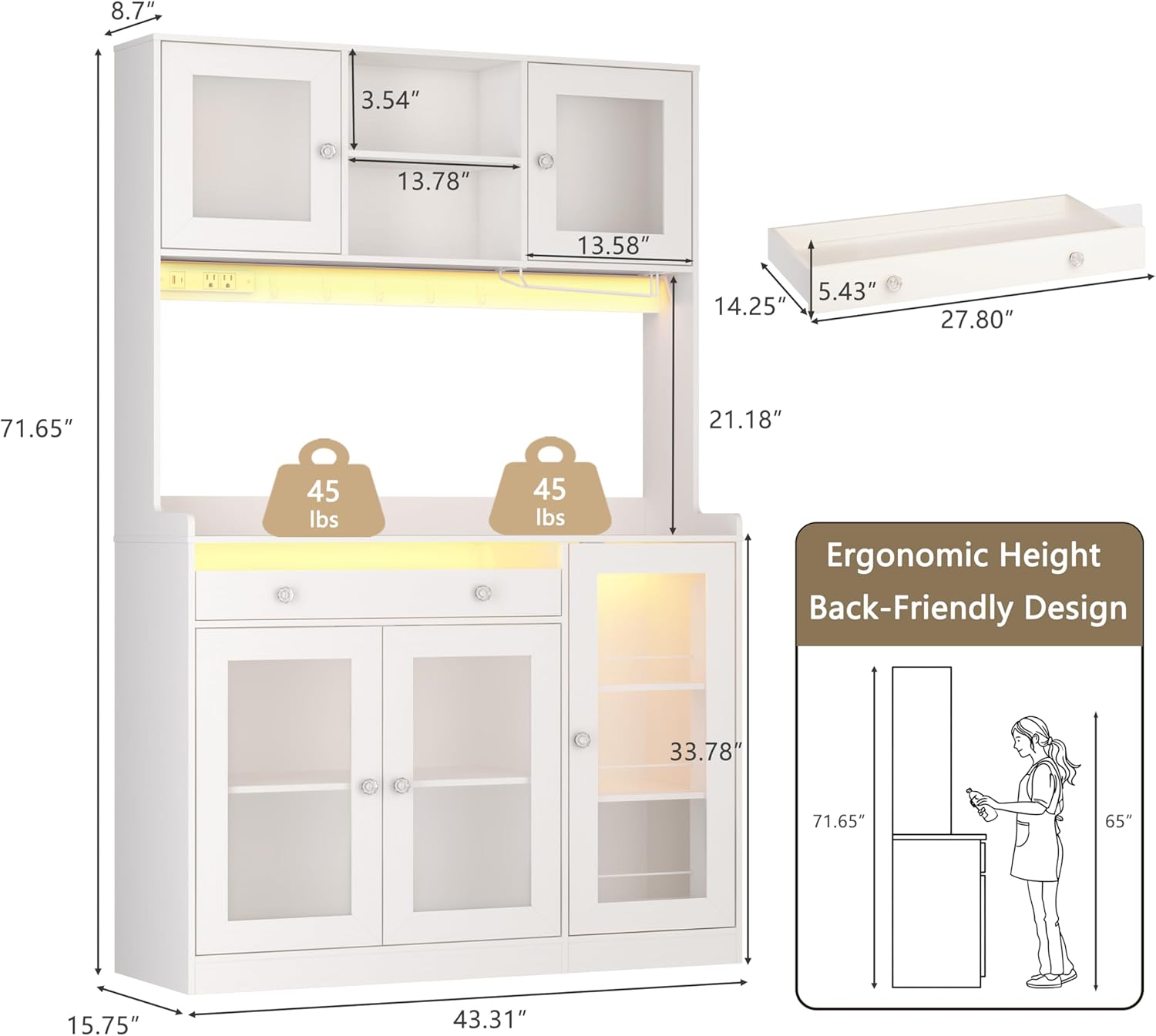 Korfile 71" Pantry Cabinet, Tall Kitchen Pantry Cabinet with Charging Station & LED Light, Kitchen Hutch with Wine Rack, Pantry Storage Cabinets with Microwave Stand for Dining Room, White