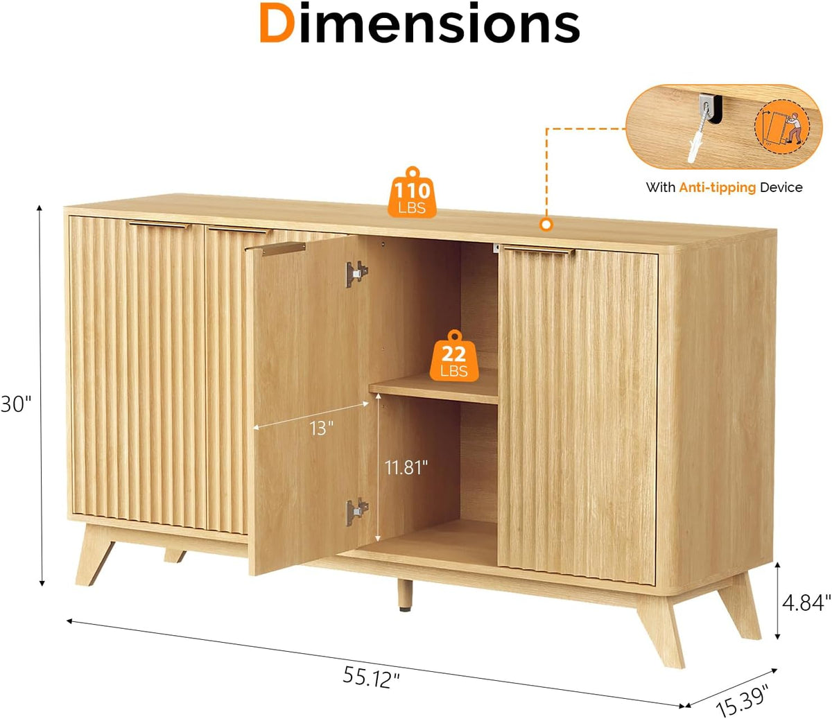 VINGLI 55" Buffet Cabinet with Storage, Fluted 4 Doors Sideboard Cabinet with Adjustable Shelves, Modern Storage Cabinet with Doors for Kitchen, Dining Room & Living Room, Natural Oak