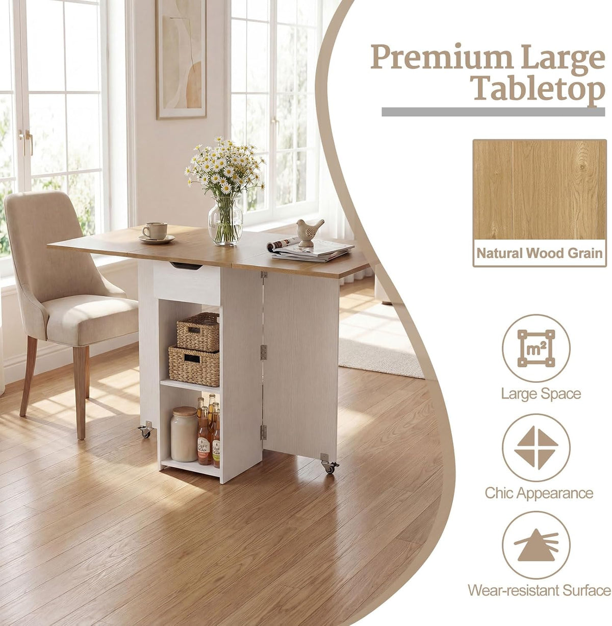 GOFLAME Drop Leaf Dining Table for 2-4, Folding Kitchen Table with Open Shelves & Drawer, Lockable Wheels, Space Saving Extendable Table for Dining Room, Living Room, Small Space, Natural & White