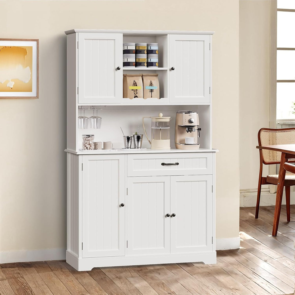 Gizoon Tall Kitchen Storage Cabinet with Door and Shelves White | Kitchen Pantry Cabinet with Storage 67" Large Coffee Bar Hutch with Storage for Dining Room Kitchen and Living Room, Painted