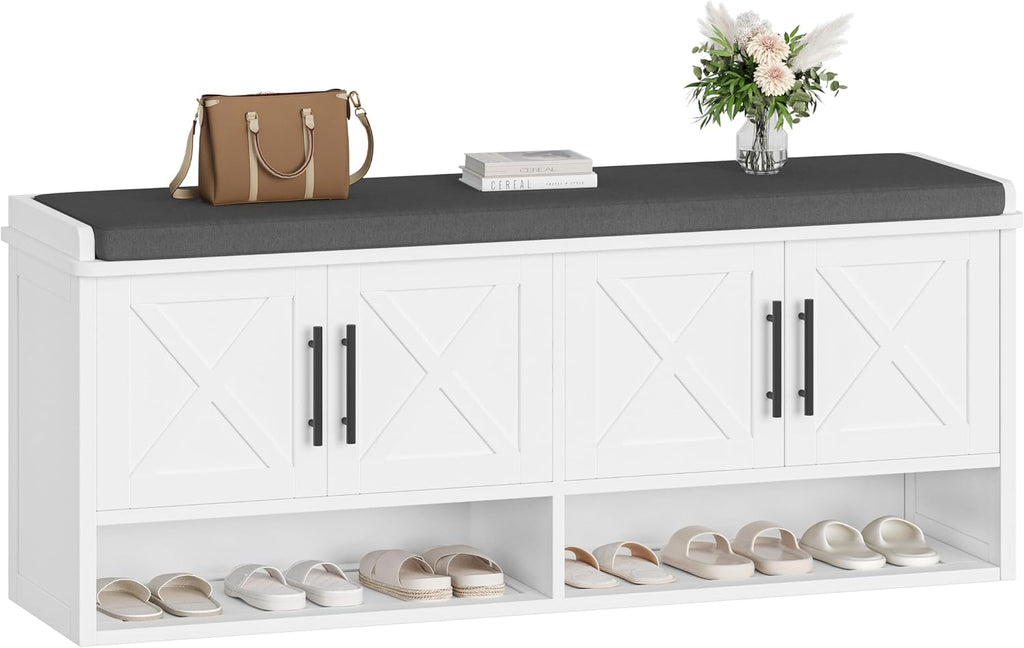 Farmhouse Storage Bench, Entryway Bench with Adjustable Shelves | 47.2" Shoe Storage Bench with Cushion, Hidden Shoe Cabinet Storage for Entryway, Hallway, Living Room, Bedroom, White