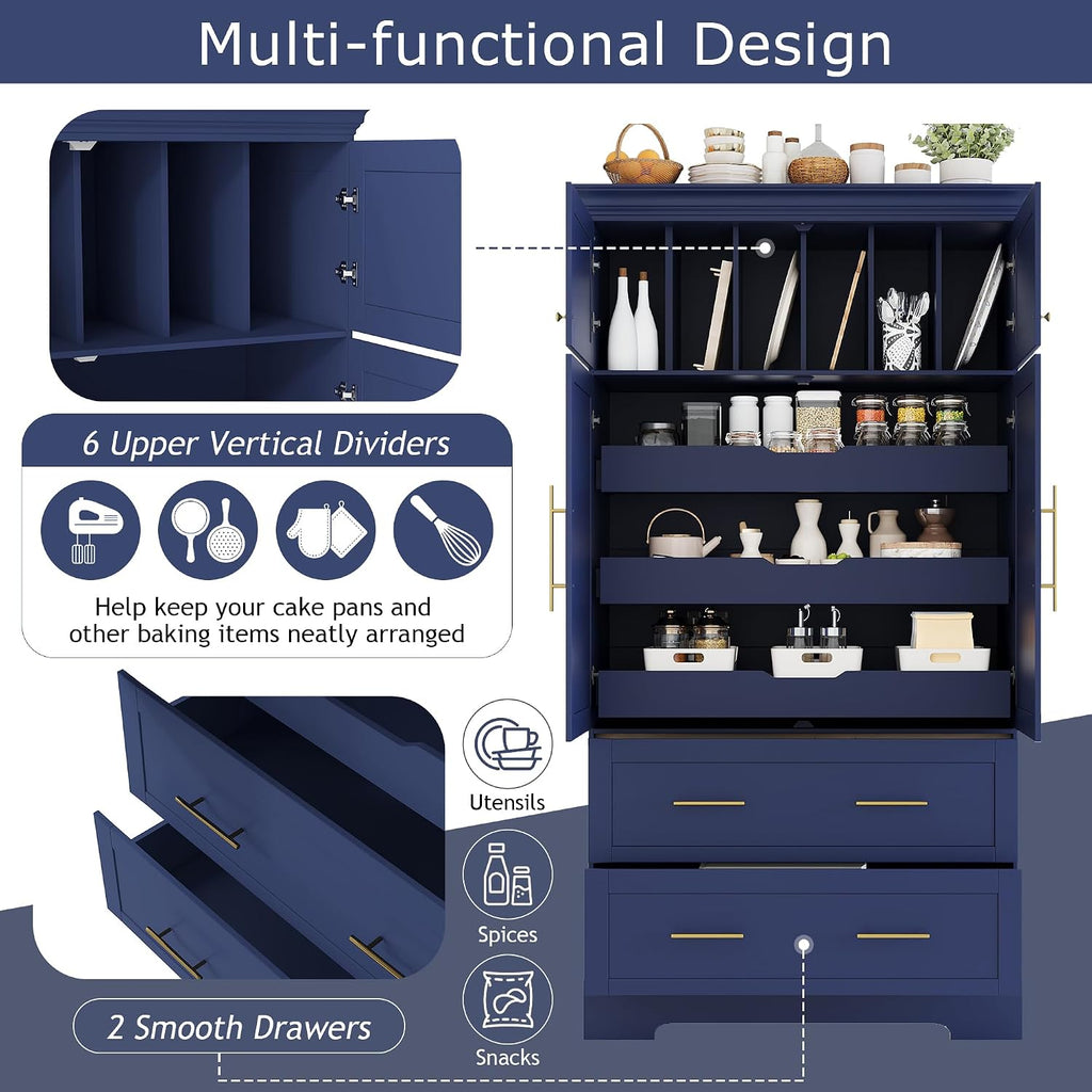 roomfitters 73 Inch Large Kitchen Pantry with 4 Doors, Pull-Out Trays and Cake Pan Organizer, Blue