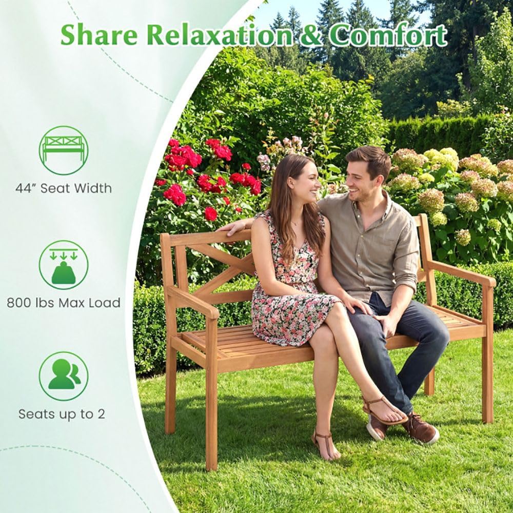 2-Person Acacia Wood Patio Chair Armrests Backrest 44in Seat Width 800lb Capacity for Backyard