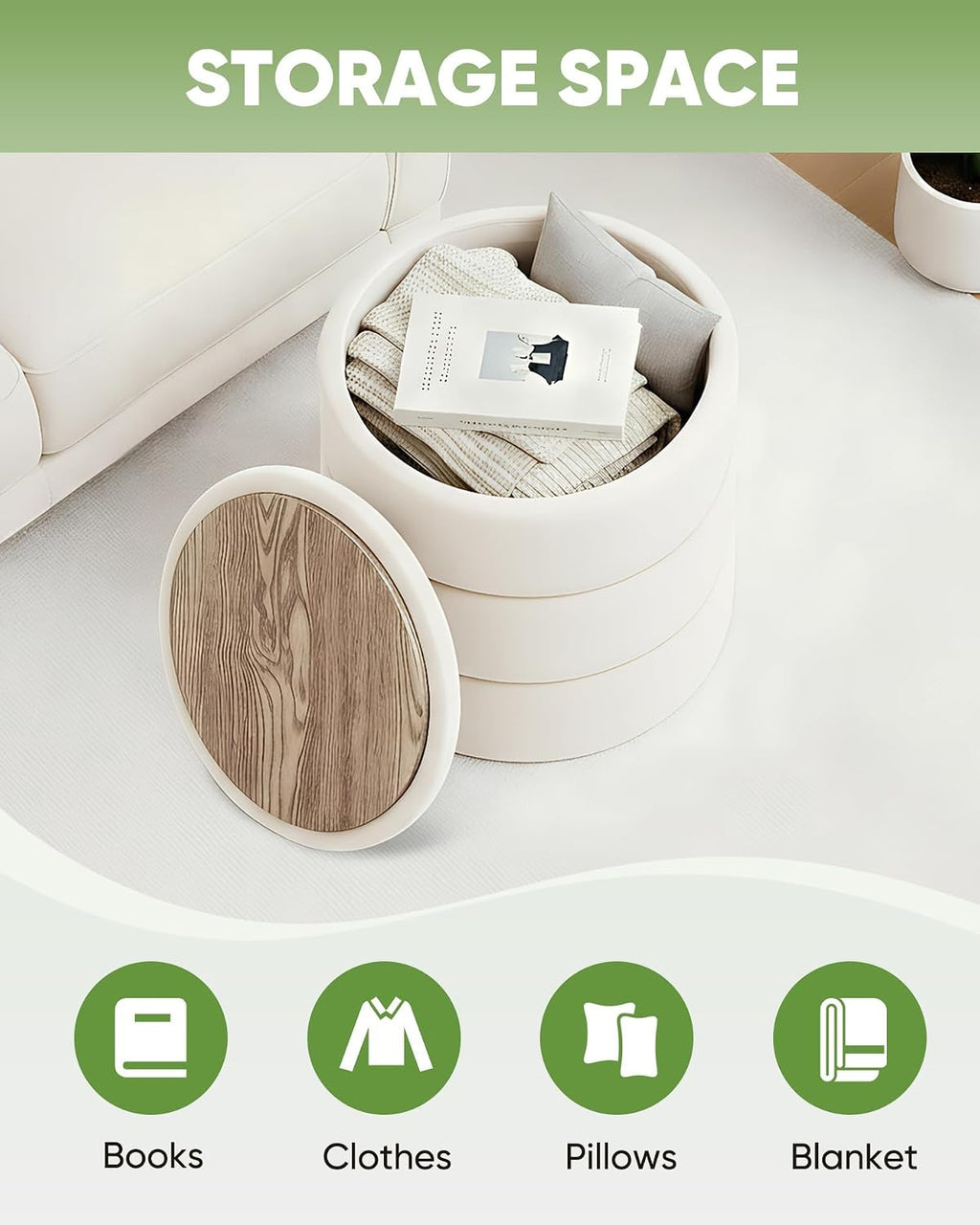 B FSOBEIIALEO Round Velvet Storage Ottoman with Tray, Folding Ottoman with Storage Coffee Table Foot Rest for Dorm Room, Living Room White, 15.35"x15.35"x14.57"
