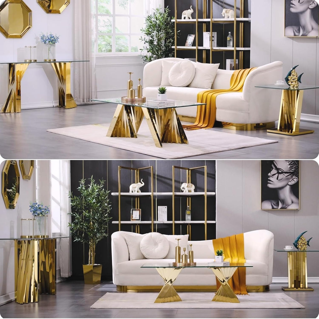 60" Gold Console Table, Entryway Table with Clear Tempered Glass | Modern Glam, Elegant Beveled Edge, Polished Stainless Steel Geometric Base, Long Sofa Table for Living Room, Hallway, Foyer