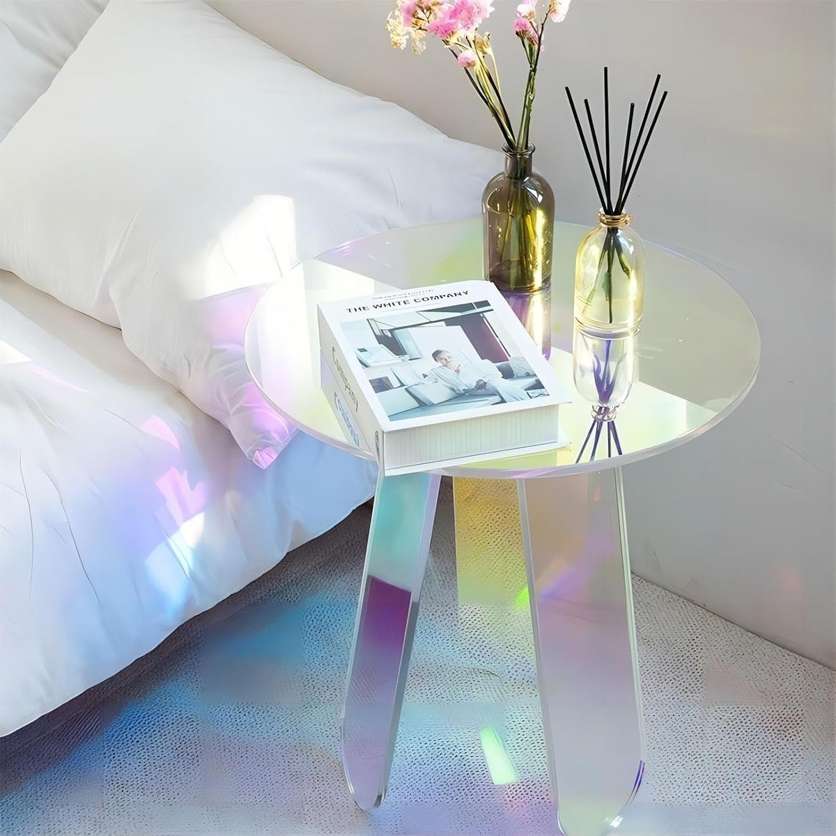 Round Acrylic Side Table Modern Rainbow Iridescent Accent Table Night Stand Versatile Coffee Table for Living Room Balcony Office (45 cm)