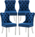 Dining Room Chairs Set of 4, Tufted Velvet Chairs with Modern Stainless Steel Legs, Rivet Trim Metal Pull Ring Large Back for Kitchen Dining Room Restaurant, Blue