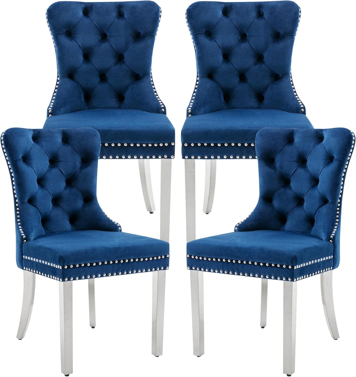 Dining Room Chairs Set of 4, Tufted Velvet Chairs with Modern Stainless Steel Legs, Rivet Trim Metal Pull Ring Large Back for Kitchen Dining Room Restaurant, Blue
