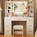 ANWBROAD 39.4" White Vanity Desk with Lighted Mirror & Adjustable Lights | Girls Makeup Vanity Set with Charging Station,Cushioned Stool, 7 Drawers,6 Shelves, Dressing Table for Bedroom Dressing Room