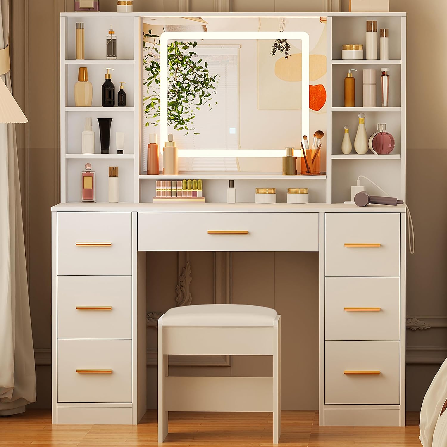 ANWBROAD 39.4" White Vanity Desk with Lighted Mirror & Adjustable Lights | Girls Makeup Vanity Set with Charging Station,Cushioned Stool, 7 Drawers,6 Shelves, Dressing Table for Bedroom Dressing Room