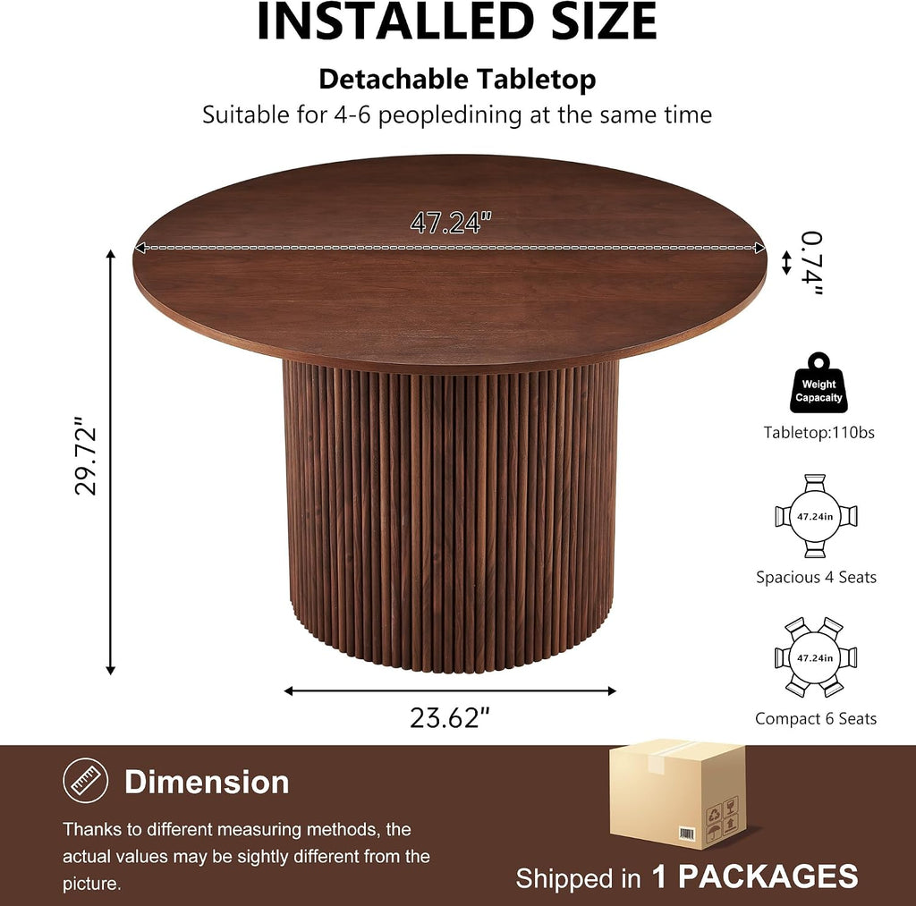 Homedot 47" Round Kitchen Dining Table Walnut for 4 with Veneer Tabletop | Farmhouse Dinner Table Fluted| Two-Part Tabletop| Rustic Circle Dining Table with Wooden Strip Base for Dining Living Room