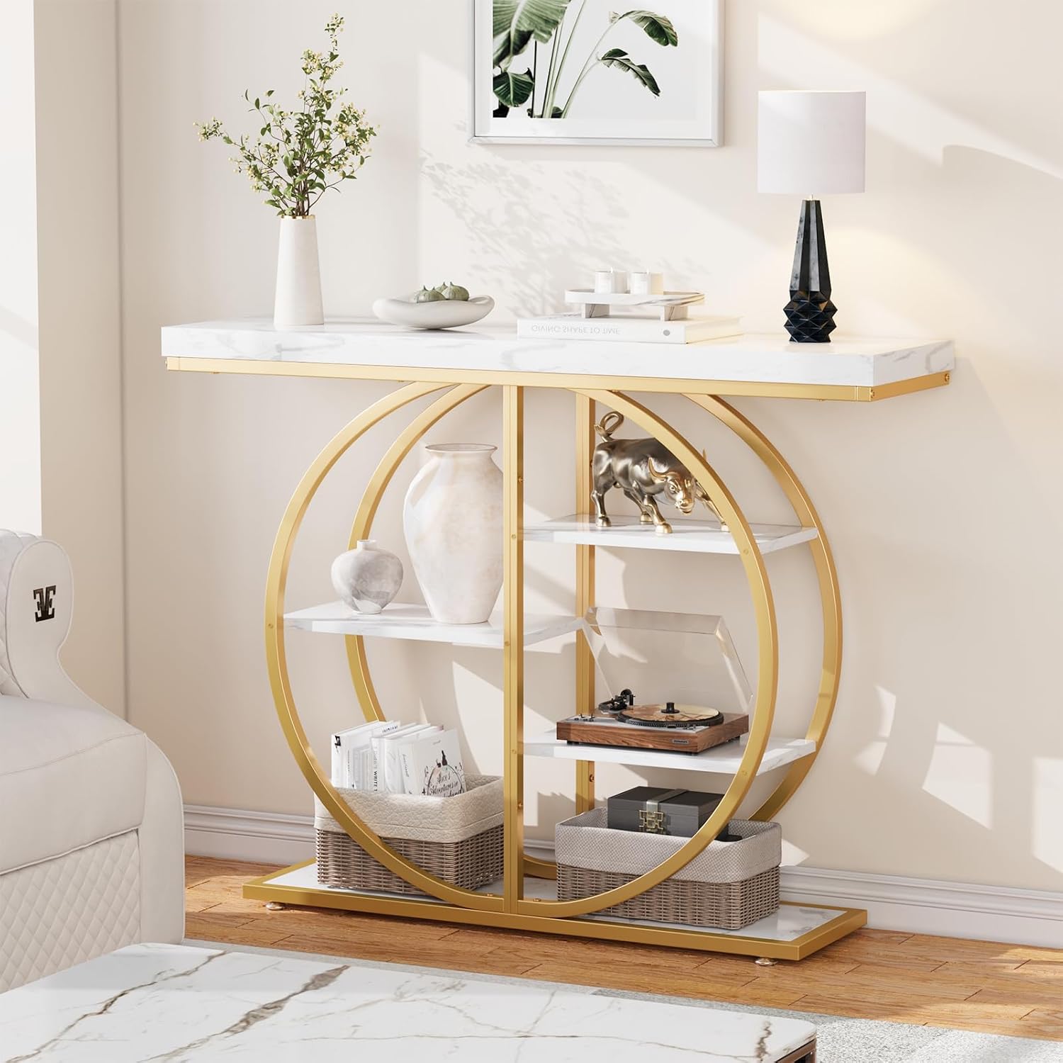 LIFECHOVY 41.3" Console Table for Entryway, Industrial Hallway Sofa Table with Storage Shelves, Narrow Accent Decor Living Room Furniture with Circle Base for Foyer, Entrance, White Gold