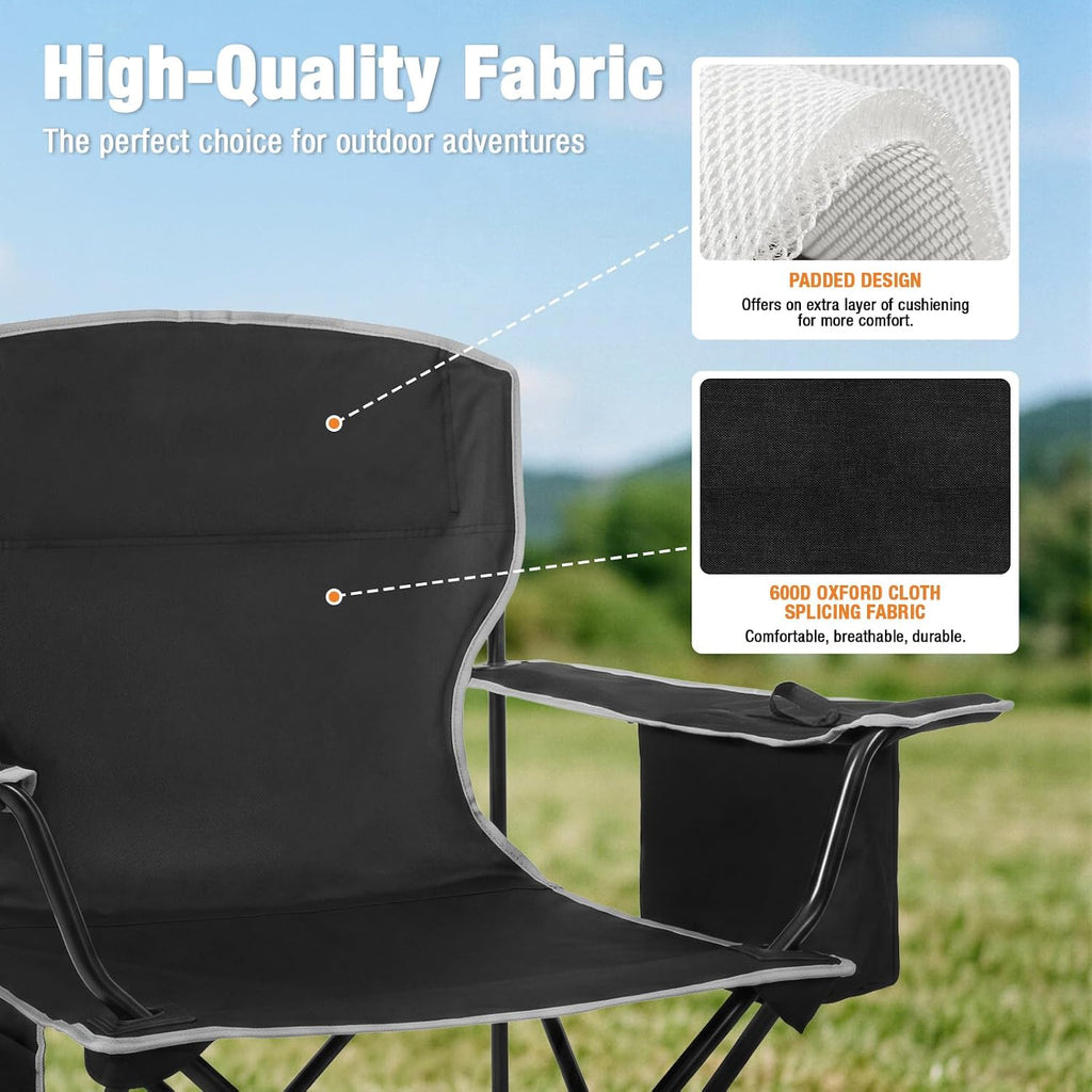 Romswi Lightweight 2Pcs Camping Chairs for Adults, Folding Lawn Chair with 4-Can Cooler Bag, Cup Holder,Collapsible Portable Outdoor Chair for Tailgating, Beach, Fishing,Black