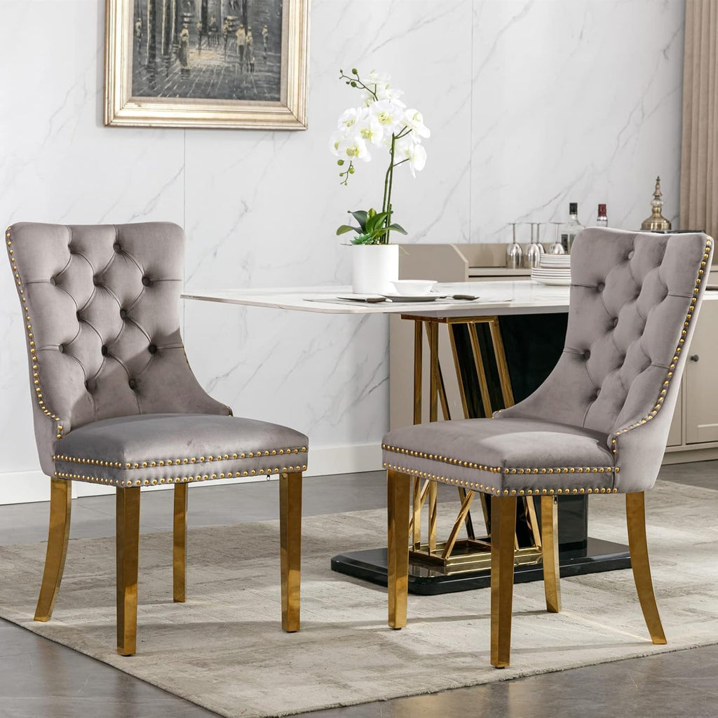 61" Modern Dining Table Set for 6, Rectangular Tempered Glass Dining Table and 6 Grey Velvet Dining Chairs, Luxury 7 Piece Kitchen Dining Room Tables Set with Gold Chrome Metal X-Base