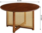 Small Round Coffee Table – 31.5" Solid Wood & Rattan Coffee Table, Modern Rustic Accent Table for Living Room, Boho Style, Walnut