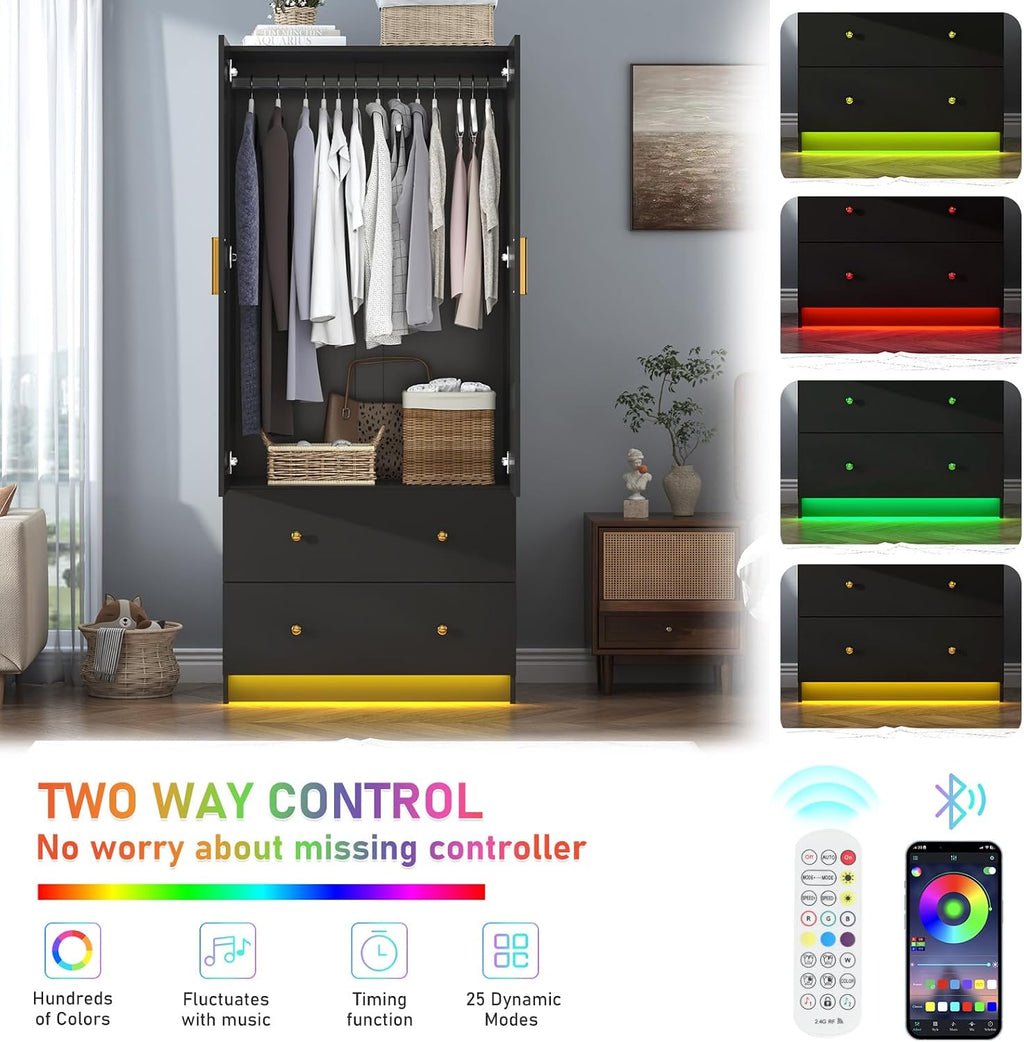 chartustriable 2 Doors Armoire Wardrobe Closet with Mirror, LED Closet with Doors and Drawers, Wooden Wardrobe Storage Cabinet with Hanging Rod, Small Armoire, Black