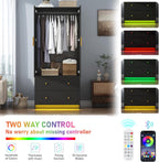 chartustriable 2 Doors Armoire Wardrobe Closet with Mirror, LED Closet with Doors and Drawers, Wooden Wardrobe Storage Cabinet with Hanging Rod, Small Armoire, Black