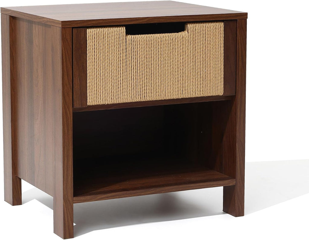 LuxenHome Nightstand with Drawer Storage, 19" Wood End Tables with Rope Front, Boho Bedside Table for Bedroom Living Room Small Sofa Couch Table for Small Space Home Office