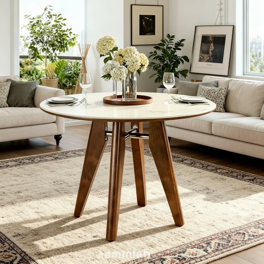 31.5" Round Dining Table, Modern Sintered Stone Kitchen Table with Solid Wood Legs for Dining Room, Living Room, Small Space, Glossy White & Brown