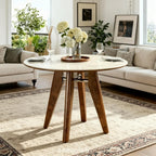 31.5" Round Dining Table, Modern Sintered Stone Kitchen Table with Solid Wood Legs for Dining Room, Living Room, Small Space, Glossy White & Brown
