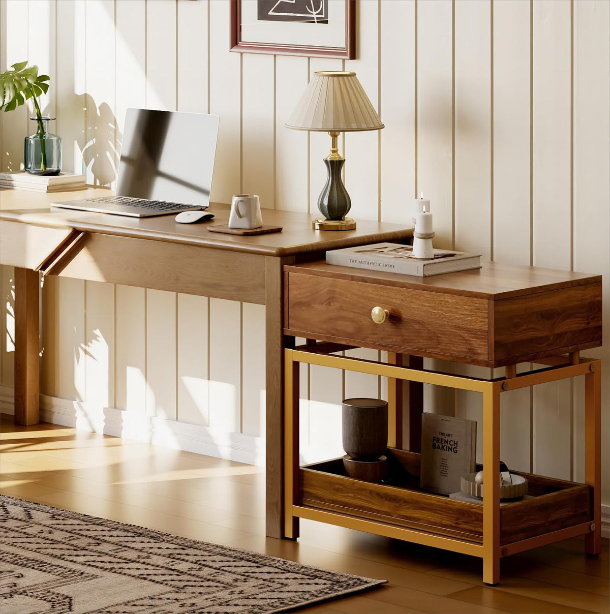WiberWi End Table with Drawer and Open Shelf, 2 Tiers Sofa Side Table with Gold Metal Frame for Living Room, Modern Nightstand Bedside Table for Bedroom, Walnut