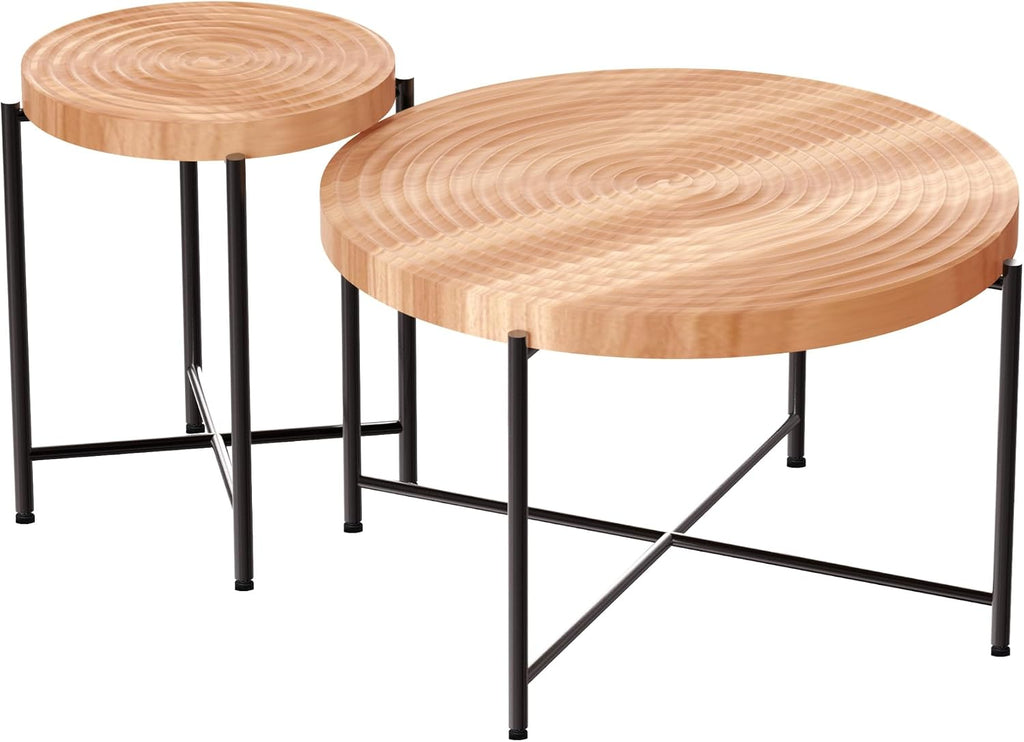 Coffee Table Set, End Table, MDF Living Room Tables with PVC Cover, Cylindrical Design, Black Metal Legs, Red Cedar-Brown, 2-Piece