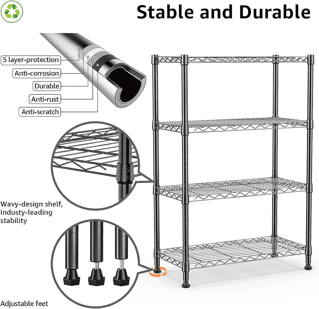 M MZG 1000 lbs Storage Shelving Steel Heavy Duty 4-Tier Utility Shelving Unit Steel Organizer Wire Rack for Home,Kitchen,Office (13.7" D x 29.5" W x 47.2" H)