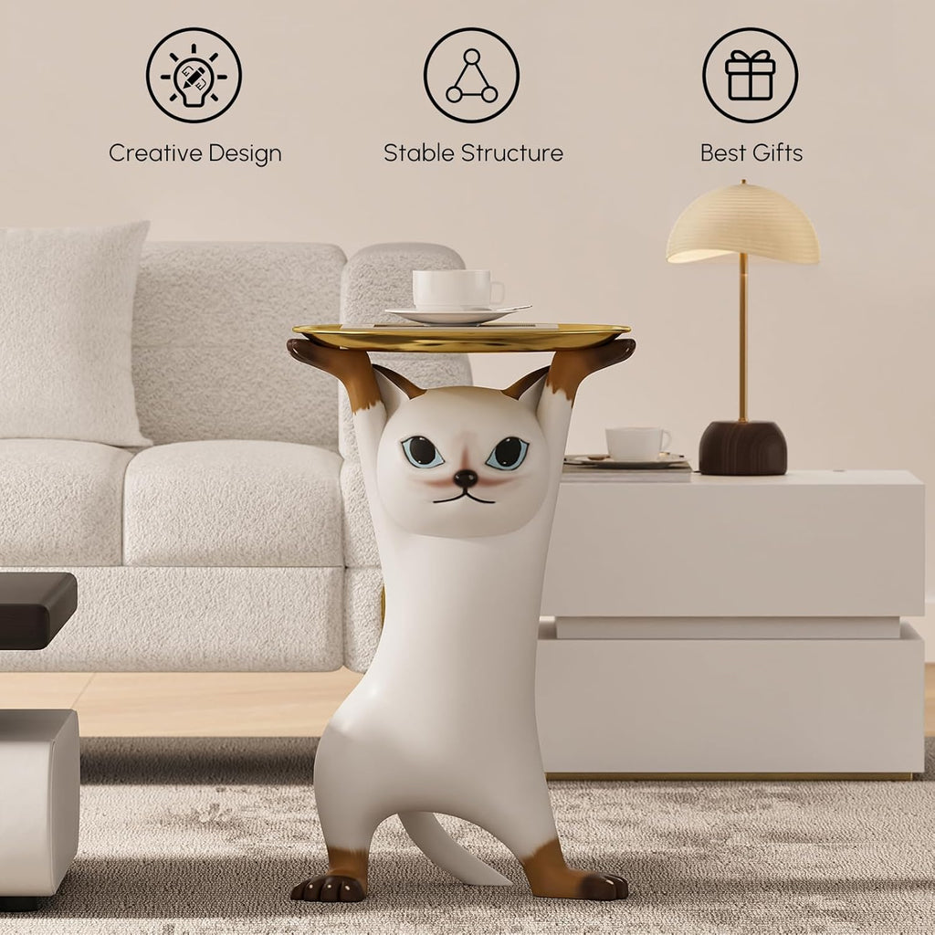 homary Cat Side Table with Gold Tray – Resin Animal Figurine End Table, Small Coffee Table for Sofa Side, Living Room, Bedroom, or Entryway Decor (Cat-A)