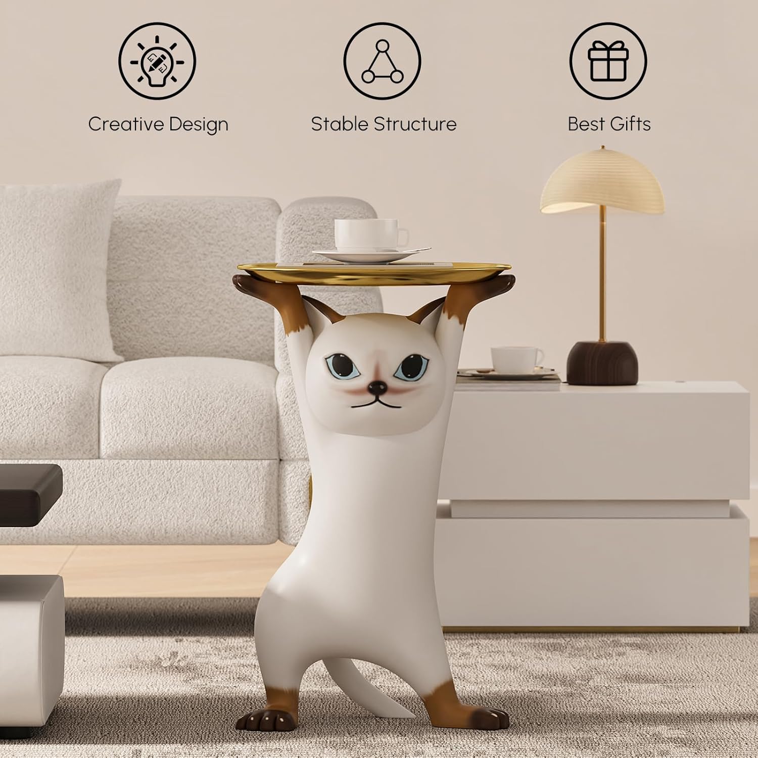 homary Cat Side Table with Gold Tray – Resin Animal Figurine End Table, Small Coffee Table for Sofa Side, Living Room, Bedroom, or Entryway Decor (Cat-A)