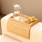 Bamboo Couch Arm Tray Table, Foldable Sofa Rest with Non-Slip Base Portable Armchair Cup Phone Holder for Drinks, Remote, Snacks Fits Most Recliners Couches, Easy-Clean Surface(Bamboo)